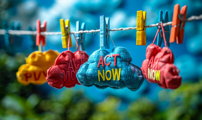 Cloud-shaped paper cutouts with the words ACT NOW hanging on a string with colorful clothespins against a blue background, concept of urgency and call to action - obrazy, fototapety, plakaty