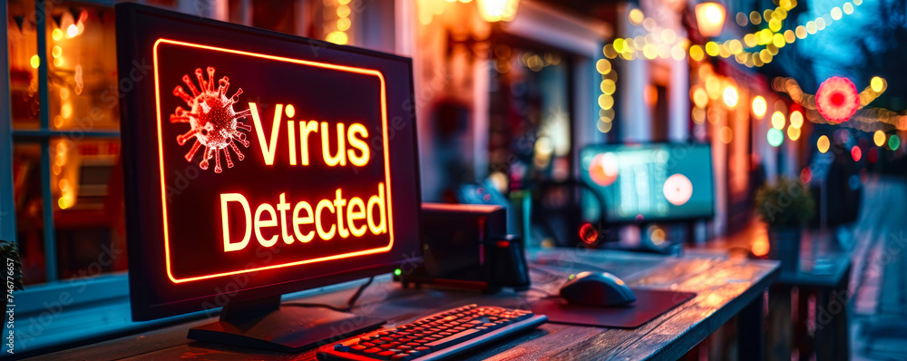 Poster computer monitor on a desk in a dimly lit office displaying a red alert warning of virus detected wi