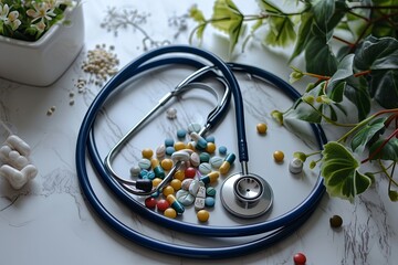 Top view doctor medical stethoscope and medicine pills, medical equipment background