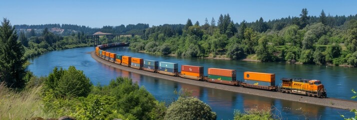 Freight train transporting sea containers on tracks near lush forest on side view