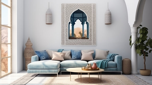 Fototapeta Jasny salon boho - marokański mockup dla obrazu na ścianie. Białe i niebieskie kolory wnętrza. Render 3d. Wizualizacja. Sofa z poduszkami i stolik