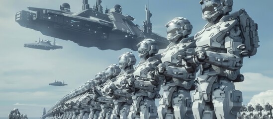 3D illustration of cyberpunk military robots in futuristic fiction city with spaceship in the sky.