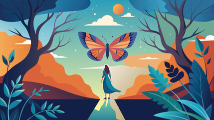 Fototapeta na wymiar Twilight Butterfly Encounter in a Mystical Forest
