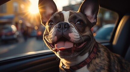 A happy dog is smiling with his tongue hanging out and his eyes closed as he sticks his head out - obrazy, fototapety, plakaty