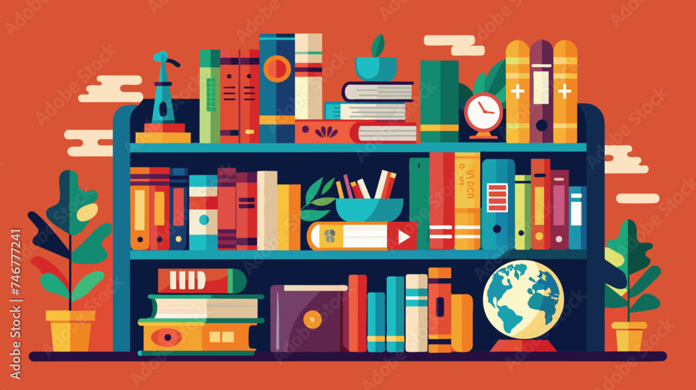 Poster colorful bookshelf with diverse objects in warm tones