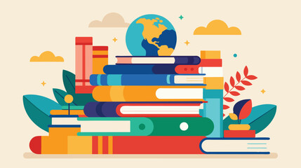 Colorful Pile of Books With Globe on Top Symbolizing Global Education