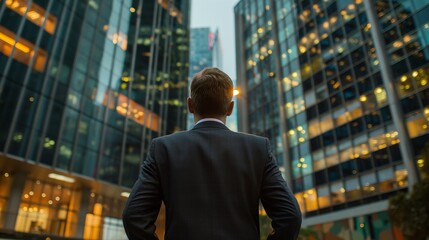 Fototapeta premium Man staring at a skyscraper generate ai