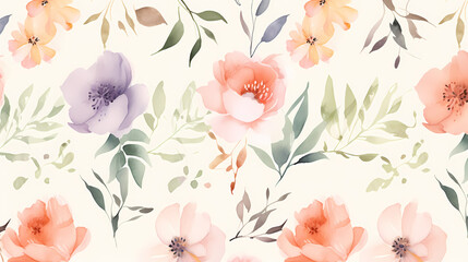 Delicate abstract watercolor flowers, bright cute color pattern