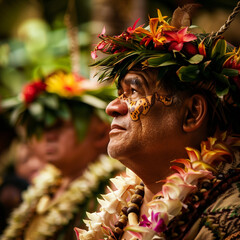 Traditional Hawaiian Luau Ceremony Participant Adorned with Floral Lei - obrazy, fototapety, plakaty