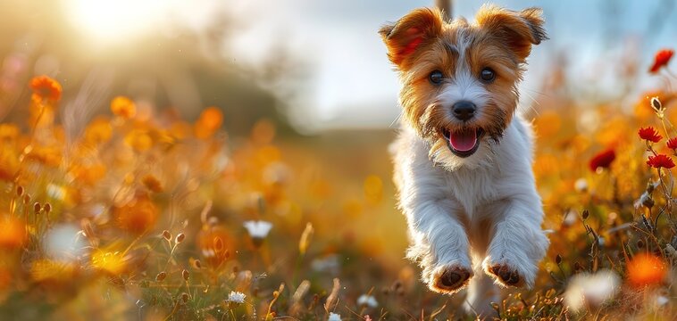 A very little puppy is running happily with floppy ears through a garden with green grass