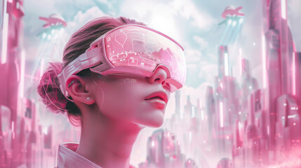 Futuristic image with pink girl in VR glasses