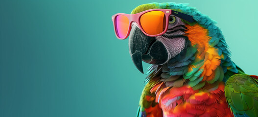 Colorful Parrot Wearing Sunglasses Against a Blue Background