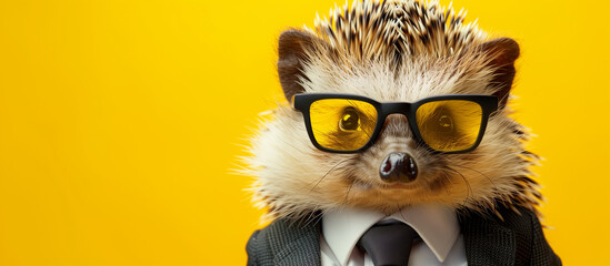 Business Hedgehog Wearing Glasses and Tie on Yellow Background