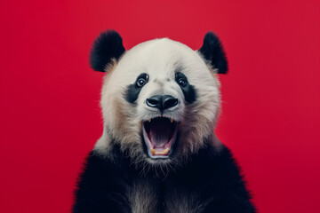 Panda Bear with Open Mouth on Red Background