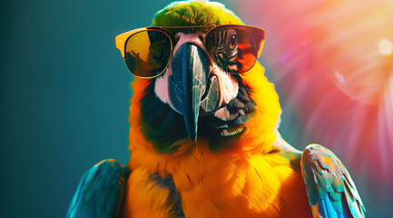 Vibrant Macaw Parrot with Sunglasses on Blue Background