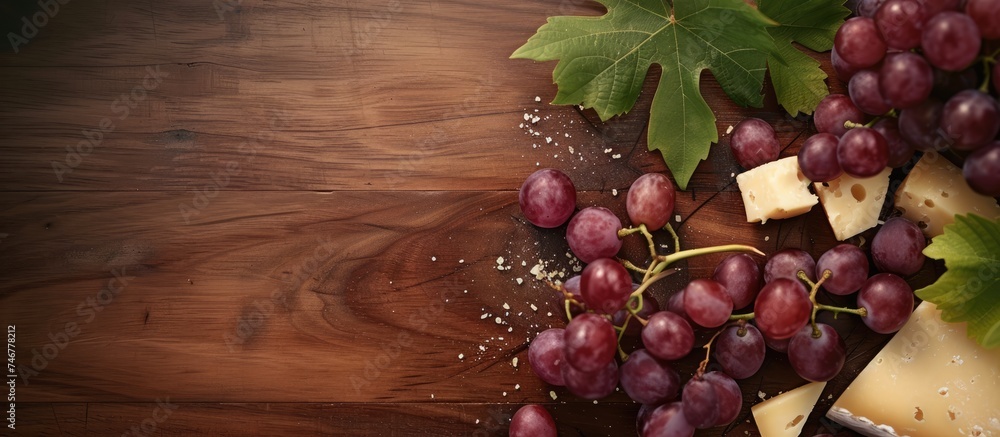 Poster A group of red and green grapes mixed with slices of cheese arranged neatly on a wooden table. The fresh and appetizing fruits and dairy products complement each other, creating an inviting snack or