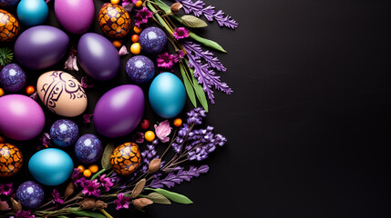 Fototapeta na wymiar Colorful easter eggs and flowers on black background,. Top view with copy space. Greeting card on an Easter theme. Happy Easter concept.