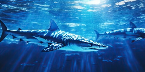 Wild life under water nature outdoor sea ocean big fish blue shark background. Deep dive scuba diving hunter animal