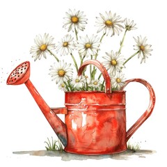 A cute watercolor drawing of a red watering can with daisy flowers sticking out, isolated on white.