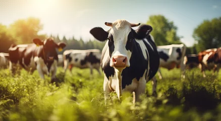 Gordijnen cow in farm in full sun with cows walking in the park © yganko