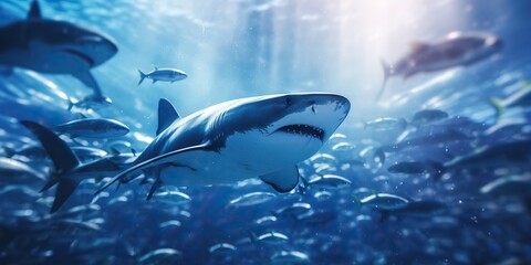 Wild life under water nature outdoor sea ocean big fish blue shark background. Deep dive scuba diving hunter animal