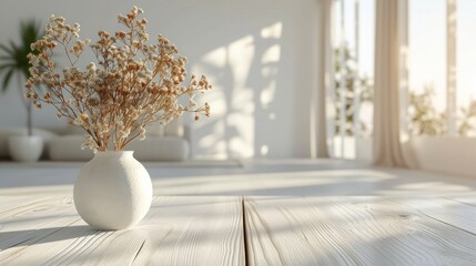 Beautiful abstract minimalistic background with a white wooden table and a white minimalistic vase with dried flowers