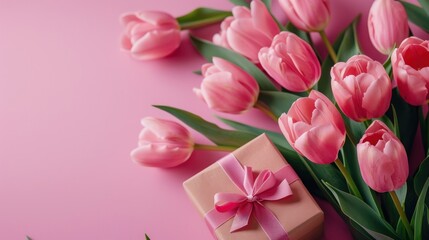 pink background with pink tulips and a gift box