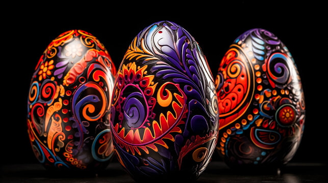 Colorful painted easter eggs on a black background, close up. Greeting card on an Easter theme. Happy Easter concept.