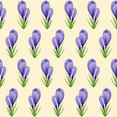 Watercolor purple crocuses seamless pattern, spring flower digital paper on yellow background. Hand painted floral illustration. For textile design, packaging, wrapping paper, wallpaper, scrapbooking.