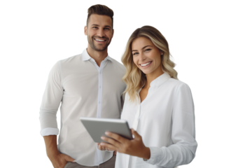 A couple of colleagues, a woman and a man, use a tablet. Transparent isolated background.