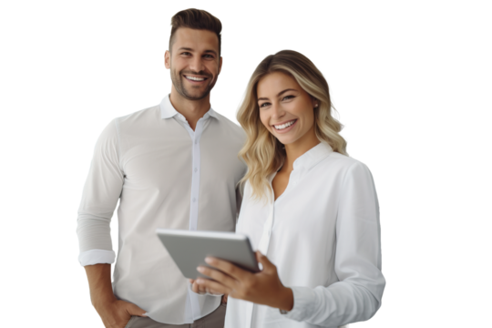 A couple of colleagues, a woman and a man, use a tablet. Transparent isolated background.