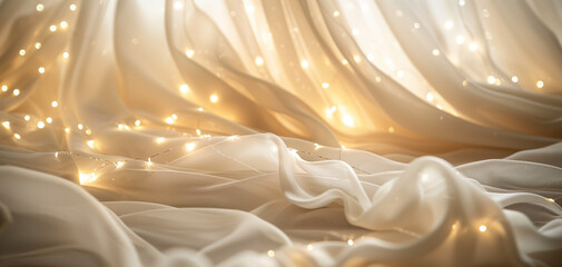 Magical fairy lights with soft focus and ivory fabric textures for wallpaper or background 001