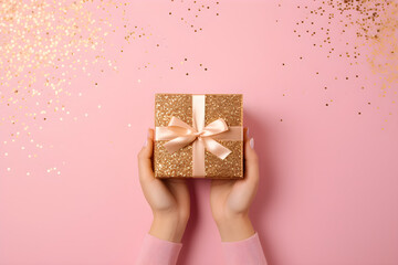 Woman holding gift box with ribbon bow on pastel pink background. Present for birthday, Valentine's, Women's and Mother's day, Christmas.  Flat lay, top view with copy space