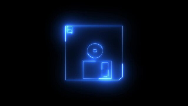 Neon glowing blue diskette icon animation in black background
