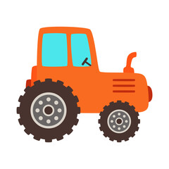 orange tractor in flat style isolated on white background, transport for farm, agricultural vector illustration