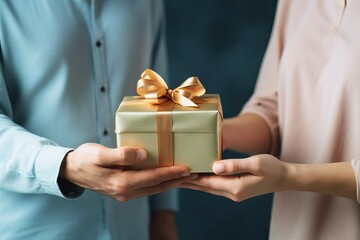 Hands giving and receiving present. Male and female hands holding gift box on blurred background. Birthday, Valentine's day, Christmas, New Year, Father's and Mother's day