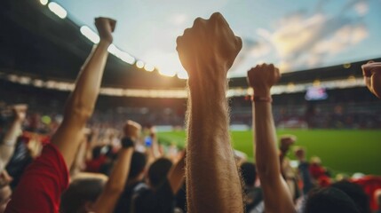 Soccer fans holding fists at a stadium