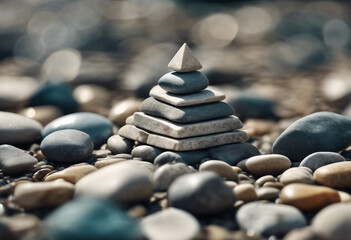 Fototapeta na wymiar Pyramid of sea stones Miniature pyramid made of square stone and rectangle on top blurred background