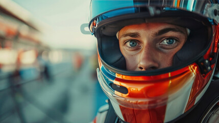 Handsome racing driver in a helmet looks at the camera and smiles