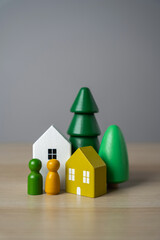 Homes and real estate. Figures of buildings, trees and people. Providing housing. Renovating,...