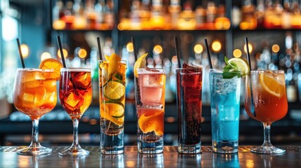 Many bright alcoholic cocktails stand in a row on the bar counter