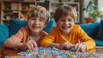 Two boys in bright clothes sit at a table and put together a bright puzzle