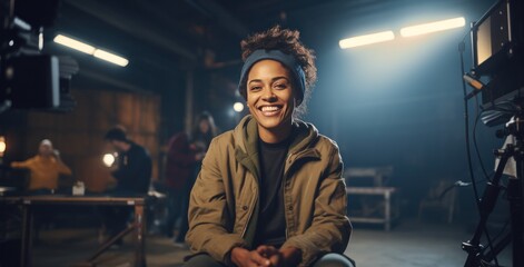 A woman sits in a filmmaking studio, smiling and speaking with the video crew - obrazy, fototapety, plakaty
