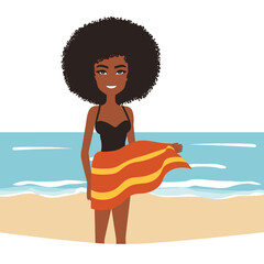 African American woman standing beach towel. Smiling young female swimsuit sea. Beach vacation summer holiday vector illustration