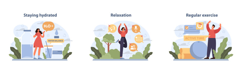 Healthy Life essentials set. Illustrations depict hydration, stress-free lifestyle.