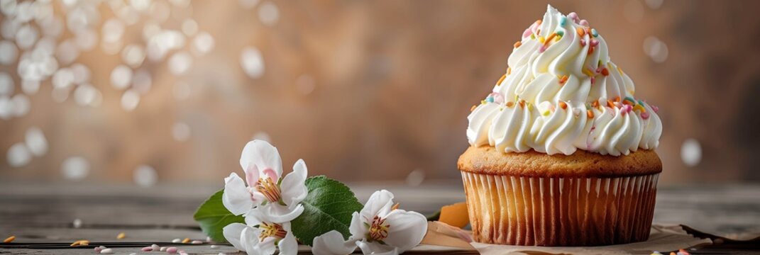 A cupcake with cream and colored crumbles  and apple tree blosson on a wooden table, copyspace, bokeh background 