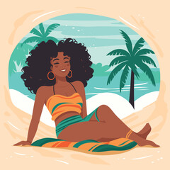 African American woman relaxing beach, sitting sand palm trees. Happy black female enjoying tropical vacation. Summer holidays beach leisure time vector illustration