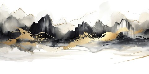 Abstract geometric drawing painting ink sketch golden brown mountains hills rocks on white background. Adventure explore