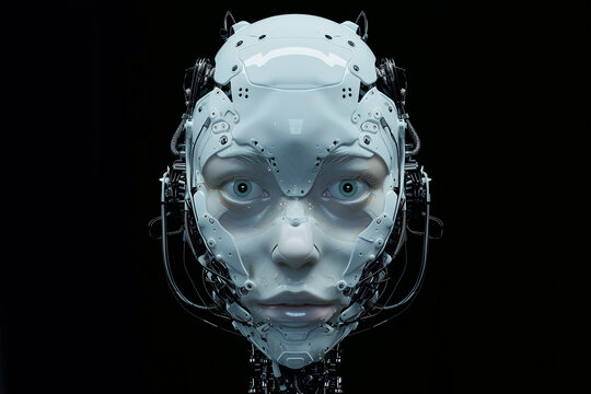 White robot face on a black background. Artificial intelligence AI concept