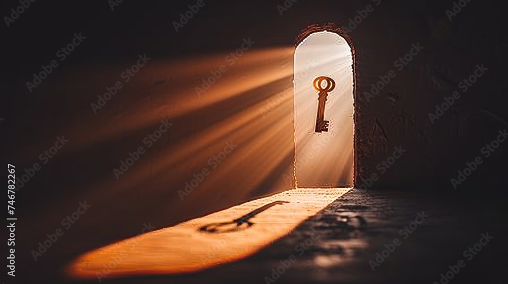 Poster mysterious keyhole with light passing through on dark background, copy space for text